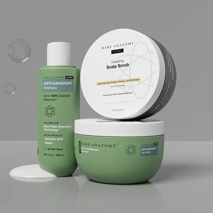 Bare Anatomy Scalp Exfoliating Scrub, Anti-Dandruff Shampoo & Mask Combo