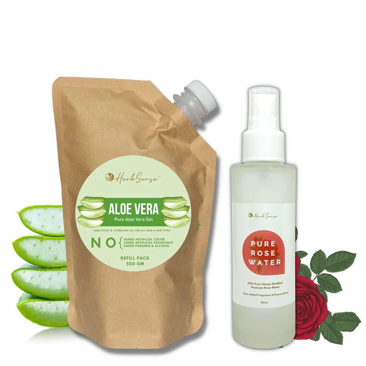 Herbsense Pure Aloe Vera Gel Refill Pack + Pure Rose Water Combo Pack