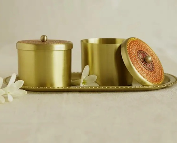 Isha Life Antique Hand-Enamelled Brass Condiment Holders with Tray