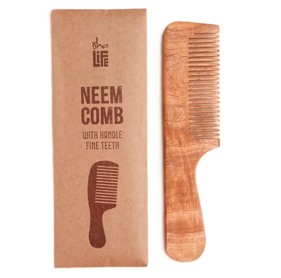Isha Life Handmade Neem Wood Comb (Handle Model) - Narrow Teeth