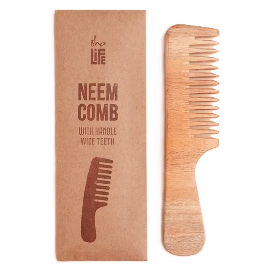 Isha Life Handmade Neem Wood Comb with Handle (Wider teeth)