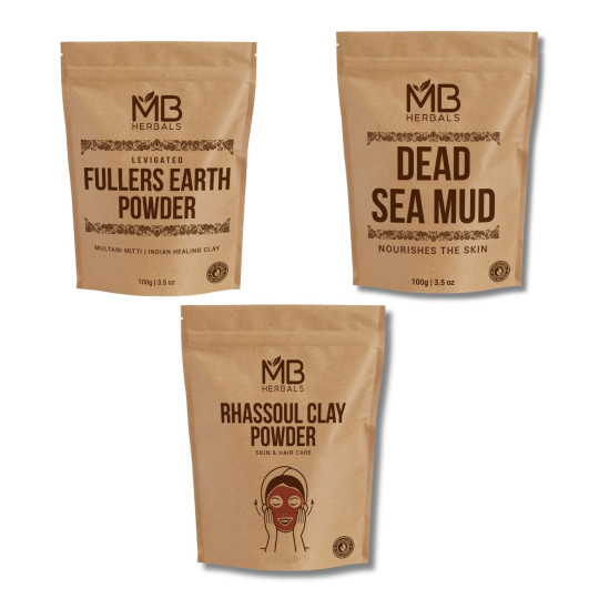 MB Herbals Combo of Rhassoul Clay (Red) | Fuller's Earth (Multani Mitti) | Dead Sea Mud