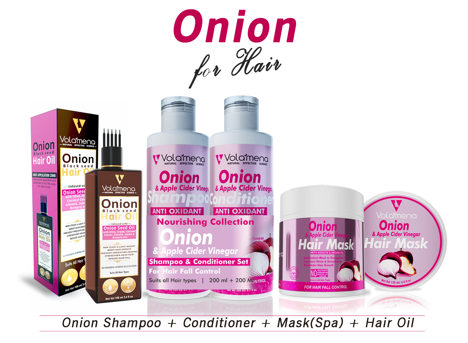 Volamena Onion Shampoo, Conditioner, hair Mask & Hair Oil pack